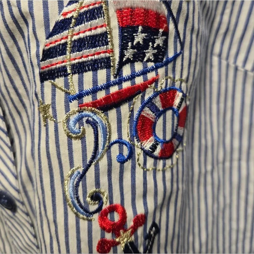 EC QUACKER FACTORY NAUTICAL/PATRIOTIC STRIPPED SHIRT SZ. S - Picture 2 of 6